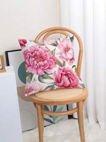 1pc Flower Pattern Decorative Pillow Case, Simple Plush Fabric Printed Cushion Cover, Suitable For Sofa Bedroom Home, Without Filler - Hot Pink - View 1