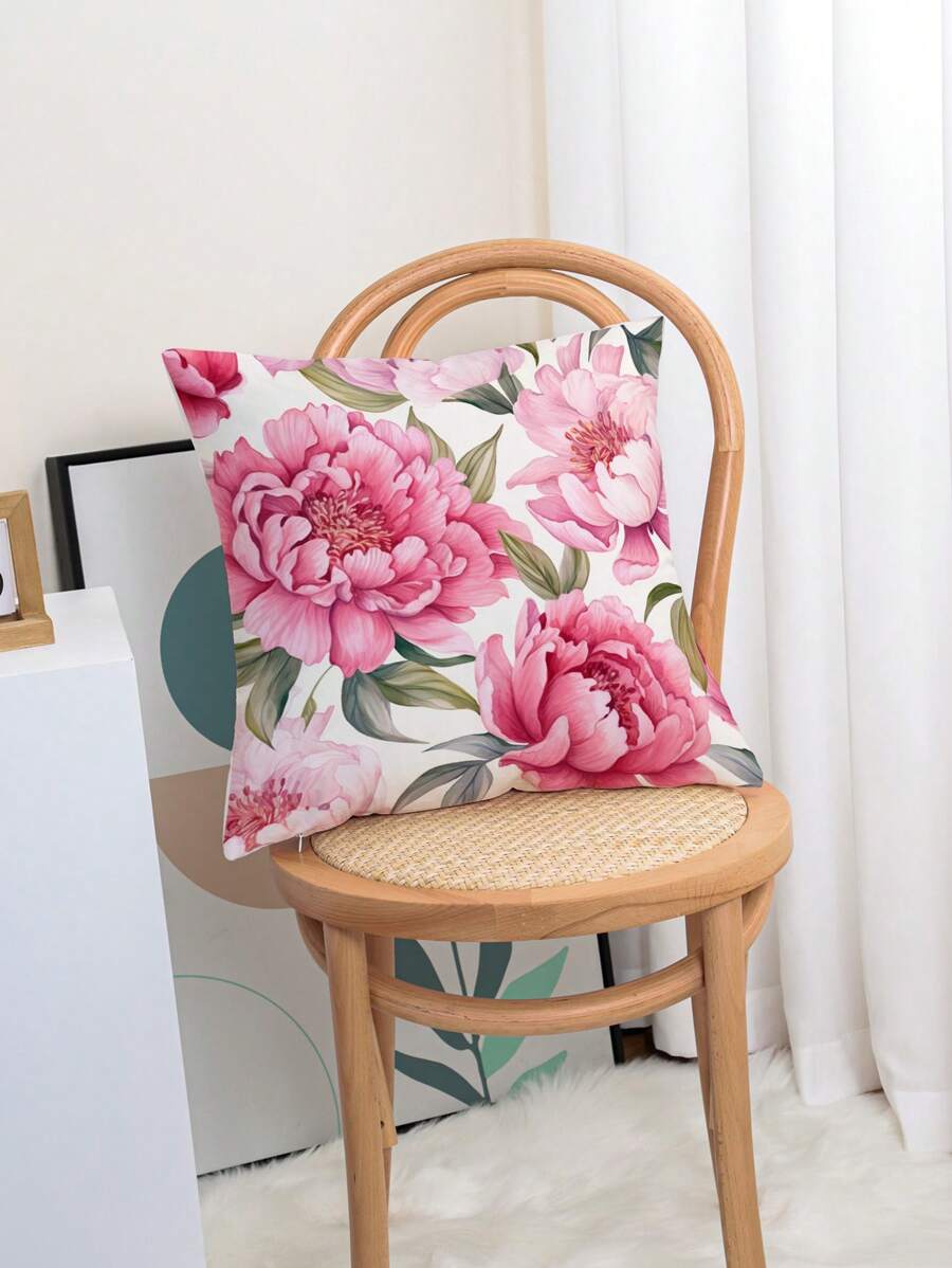 1pc Flower Pattern Decorative Pillow Case, Simple Plush Fabric Printed Cushion Cover, Suitable For Sofa Bedroom Home, Without Filler - Hot Pink - View 1