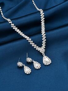 yijiangbeiting Vòng cổ mặt dây chuyền hình giọt nước Rhinestone & Bông tai hình giọt nước - Bạc - Xem 3
