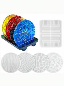 5 pièces/set Moules de dessous de verre en résine, 4 pièces Moules de dessous de verre ronds uniques avec motif vague, Moules de résine époxy pour différents motifs avec support, Moules de dessous de verre en silicone pour couler de la résine, faire des tasses, décorations pour la maison - Blanc - Voir 7
