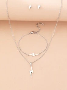 不鏽鋼閃電吊墜項鍊,手鍊,耳環套裝作為送女友的禮物,護身符魅力珠寶 - 銀色 - 查看 4