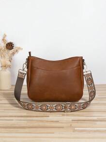 Bolso tipo cubo de estilo vintage para mujeres, bolso de hombro cruzado, bolso tipo hobo de piel vegana con correa de guitarra y correa de bolso ancha bordada para mujeres - Perfecto para bolsos bandolera, bolsas de gimnasio, bolsos y talla grande, bolso con inspiración retro