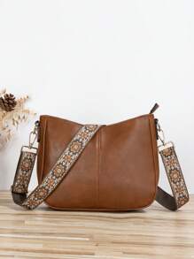 Bolso tipo cubo de estilo vintage para mujeres, bolso de hombro cruzado, bolso tipo hobo de piel vegana con correa de guitarra y correa de bolso ancha bordada para mujeres - Perfecto para bolsos bandolera, bolsas de gimnasio, bolsos y talla grande, bolso con inspiración retro