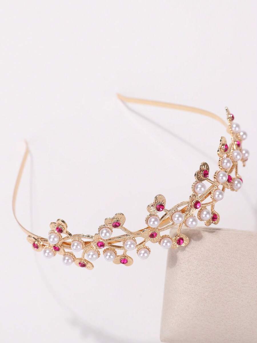 1個女孩珍珠和鑽石裝飾金屬3d心形毛箍發帶 - 玫紅色 - 查看 1