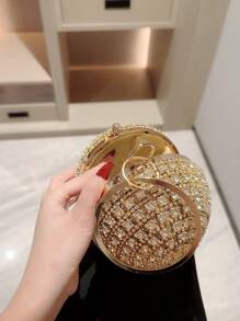 Moonlit EveBag Women's Fashion Round Ball-Shaped Rhinestone-Studded Glitter Evening Bag Handbag Party Bag With Chain, Bags Ladies Elegant, Wedding - Gold - View 4