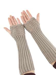 1pc Winter Warm Knit Long Arm Fingerless Mittens For Outdoor Sports - Grey - View 1
