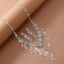 鑽石流蘇頸鍊和耳環珠寶套裝,新娘婚禮配飾,適用於女性晚禮服 - 銀色 - 查看 4