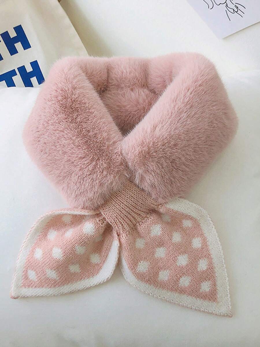 女童毛茸茸圍巾,秋冬款雙面針織波點圍巾,交叉仿水獺兔毛圍巾 - 粉色 - 查看 1