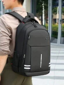 1pc Daily Travel Large Capacity Backpack, Student Schoolbags, Adjustable Strap Double Shoulder Bag, Fashion Male And Women Casual Bag, Sports Bag, Simple Black Computer Bag, Lightweight Spine Protection Backpack, Breathable Backpack Laptop - Black - View 2