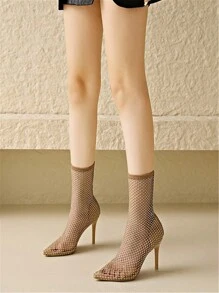 Women's High Heel Fishnet Lace See Through Fashionable Sandals & Ankle Boots - Khaki - View 3