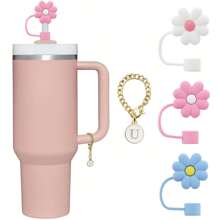3PCS Straw Topper Fits 0.4In Reusable Straws With 1PC Initial Personalized Letter Charm Silicone Straw CoverTumblers Accessories (3pcs Flower+1pc Letter), Mother's Day Gift