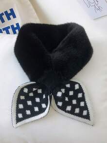 女童毛茸茸圍巾,秋冬款雙面針織波點圍巾,交叉仿水獺兔毛圍巾 - 粉色 - 查看 3