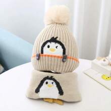 可愛的小企鵝兒童帽子和圍巾套裝,嬰兒冬季針織帽子帶有耳保暖袋和圍巾頸暖器,加厚 - 卡其色 - 查看 1
