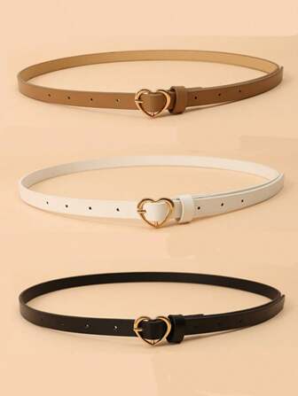 3pcs/Set Women's Multi-Color Heart Shaped Buckle Pu Dress Belt, Fashionable Waist Accessory For Daily Use Summer, School Fall, Autumn, Halloween
