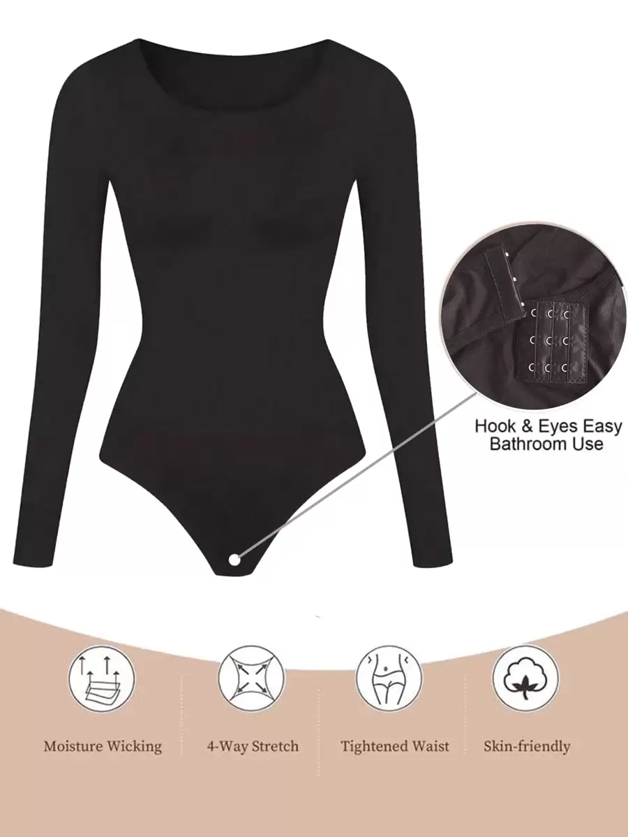 Tummy Control Butt Lift One-Piece Long Sleeve Round Neck Women's Underwear Postpartum Body Shaping Garment - Black - View 1