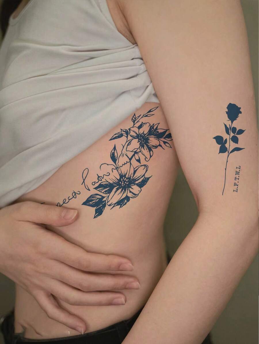 1張性感百合和玫瑰花圖案的水餃刺青貼紙,帶有草本植物,可持續7-14天,適合女性和女孩使用胸部,腰部和手臂區域