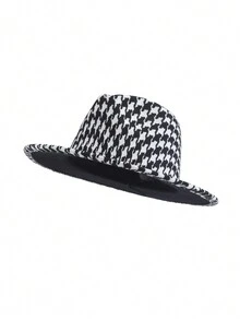 1顶秋冬千鸟格纹女士软呢帽，百搭款式 - 黑與白 - 查看 5