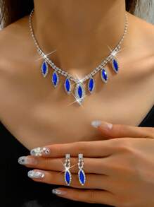 yijiangbeiting 3入組結婚女士珠寶套裝,流蘇鑽石耳針項鍊,豪華派對時尚配飾 - 黑色 - 查看 14