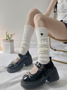 女士加厚保暖針織腿套,帶有可愛的心形刺繡織毛襪,白色,適合日常穿著/約會/派對,大學生膝上長襪