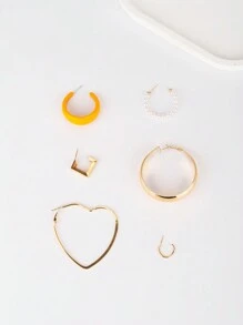 1套6對歐美日韓時尚優雅休閒度假浪漫豪華c字形光滑環形耳環,心形耳環,珍珠耳釘,亞克力耳環和方形耳環,適合女性日常穿著,派對,約會和其他場合