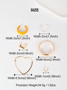 1套6對歐美日韓時尚優雅休閒度假浪漫豪華c字形光滑環形耳環,心形耳環,珍珠耳釘,亞克力耳環和方形耳環,適合女性日常穿著,派對,約會和其他場合