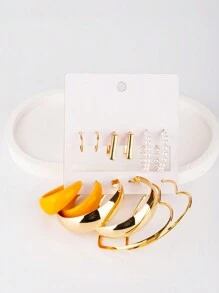 1套6對歐美日韓時尚優雅休閒度假浪漫豪華c字形光滑環形耳環,心形耳環,珍珠耳釘,亞克力耳環和方形耳環,適合女性日常穿著,派對,約會和其他場合