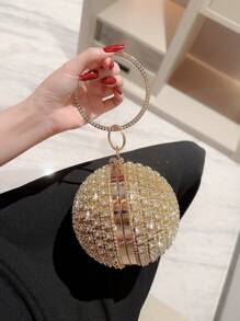 Moonlit EveBag Women's Fashion Round Ball-Shaped Rhinestone-Studded Glitter Evening Bag Handbag Party Bag With Chain, Bags Ladies Elegant, Wedding - Gold - View 3