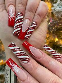 Christmas Snowflake Striped French 24-piece Long Coffin-shaped Manicure Wearable Fake Nails Set - Multicolor - View 1