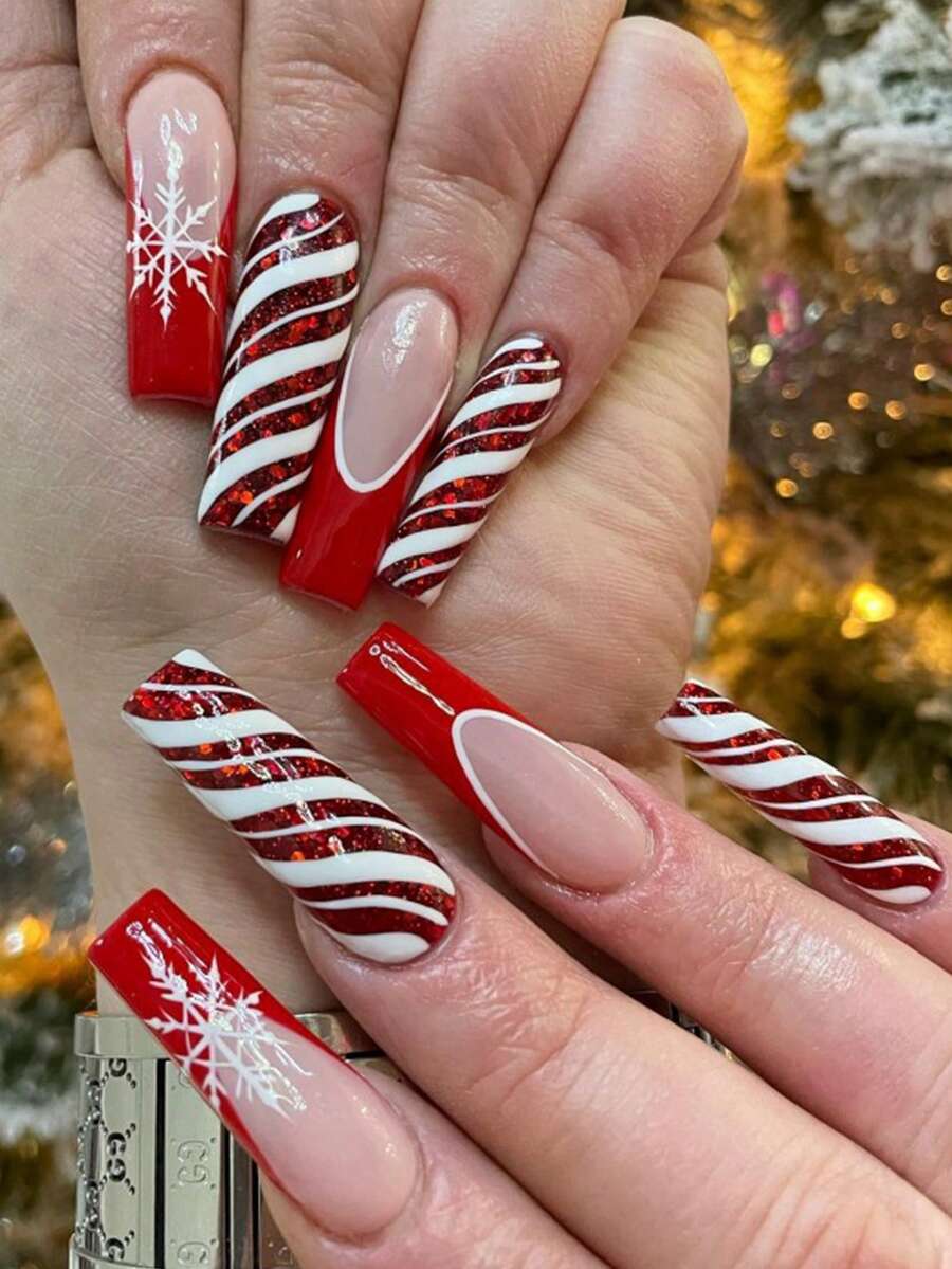 Christmas Snowflake Striped French 24-piece Long Coffin-shaped Manicure Wearable Fake Nails Set - Multicolor - View 1