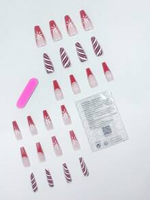 Christmas Snowflake Striped French 24-piece Long Coffin-shaped Manicure Wearable Fake Nails Set - Multicolor - View 2