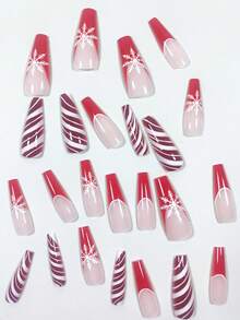 Christmas Snowflake Striped French 24-piece Long Coffin-shaped Manicure Wearable Fake Nails Set - Multicolor - View 3