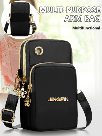 字母細節手機包,女士時尚拉鍊斜挎包,多功能尼龍收納包可裝和耳機(6.69*3.54*1.96英寸)(黑色)