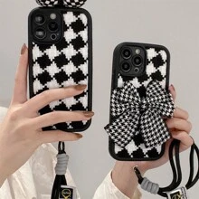 可愛的韓國便攜式防丟手帶3D蝴蝶結編織圖案格紋殼,與iPhone 15 14 13 12 11 Pro Max 14 15 Plus相容的保護套 - 大蝴蝶結掛繩 - 查看 3