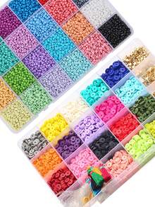 2 盒粘土珠用于手链制作套件，18 种颜色 3600 颗扁平圆形聚合物粘土珠套件加 12000 颗 3 毫米玻璃种子珠与合金吊坠饰物和弹性绳用于珠宝制作 DIY 工艺品 - 彩色 - 查看 4