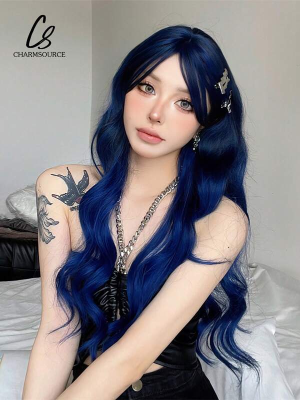 Cute Wigs - Navy Blue Medium Part Bangs Long Curly 28-Inch Daily Simulation Scalp Natural Woman Wigs For Party Cosplay Wedding