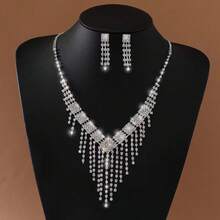 鑽石流蘇頸鍊和耳環珠寶套裝,新娘婚禮配飾,適用於女性晚禮服 - 銀色 - 查看 1