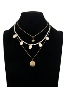 歐美時尚風格多層項鍊,星星貝殼項鍊套裝,適合女性日常外出穿著 - 金色 - 查看 5