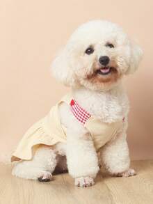 1件小貓小狗用帶胸背帶可愛熊圖案格紋領帶運動連衣裙,適用於四季室內外穿著 - 彩色 - 查看 4