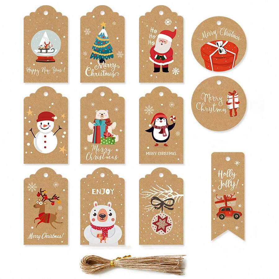 48入組聖誕樹裝飾掛牌+繩,聖誕祝福禮物裝飾賀卡 - 駝色 - 查看 1
