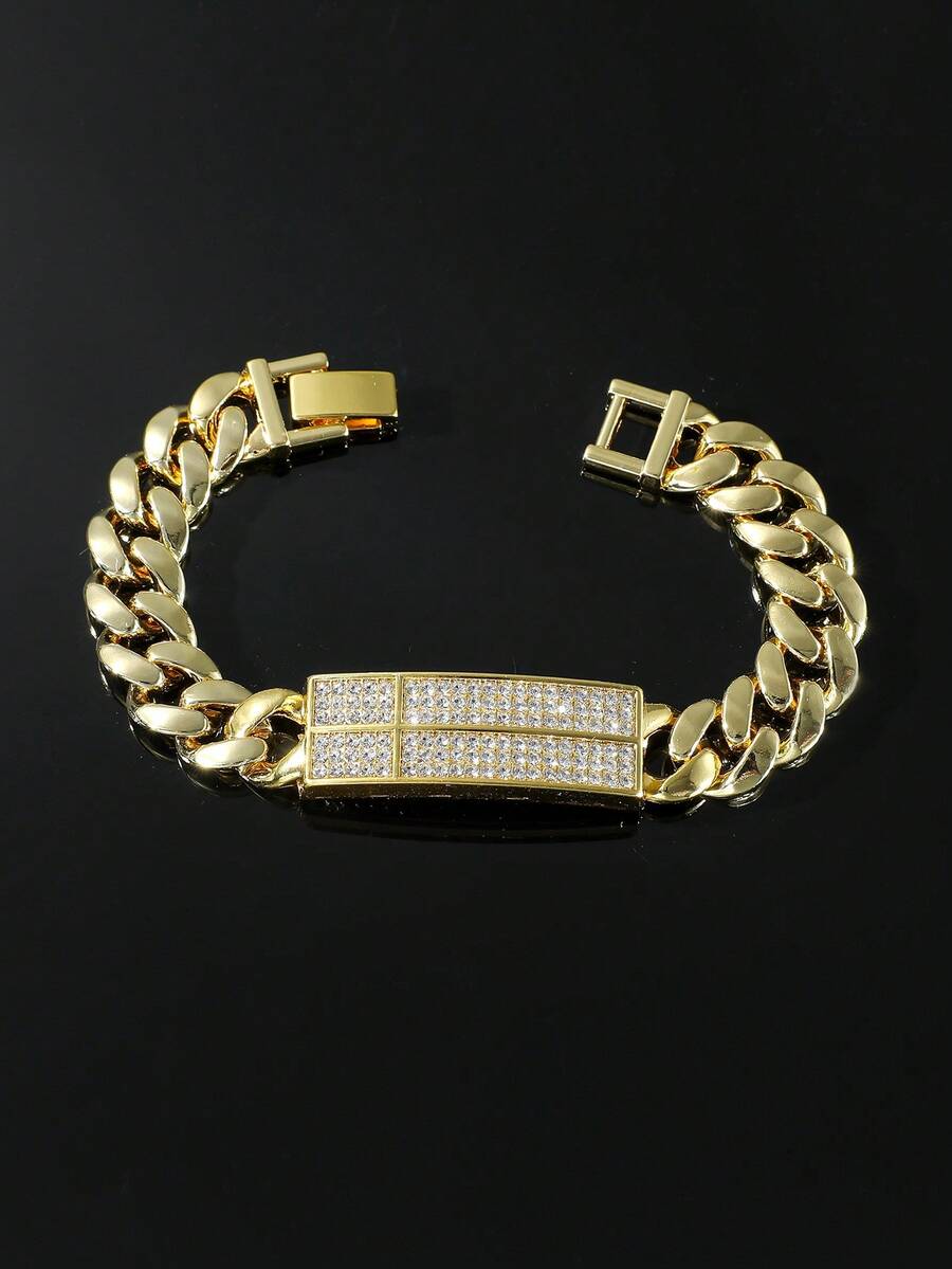 1 件男士几何风格个性化手链，方形，光滑链条上全镶嵌水钻 - 銀色 - 查看 1