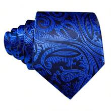 紅酒紅色花卉男士絲質領帶，經典領帶，袖扣、方巾套裝，適用於婚禮 - 寶藍色 - 查看 3