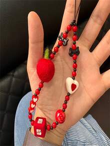 櫻桃紅毛氈和串珠 3d 心形手工吊飾適用於包包、鑰匙、手機、通用 - 紅色 - 查看 3