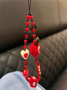 櫻桃紅毛氈和串珠 3d 心形手工吊飾適用於包包、鑰匙、手機、通用 - 紅色 - 查看 4