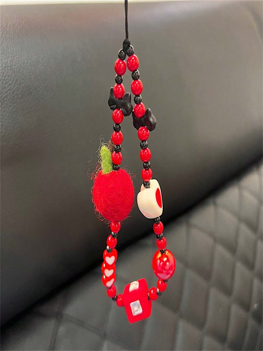 櫻桃紅毛氈和串珠 3d 心形手工吊飾適用於包包、鑰匙、手機、通用
