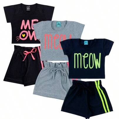 Kit 6 Peças de Roupas Infantil Menina 3 Blusas + 3 Shorts - Promoção - Kit 3 Conjuntos Menina Infantil Barato - 2 ao 14