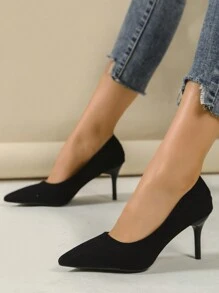 秋冬新品女士黑色绒面高跟鞋，尖头，细跟，低鞋面，适合工作或日常穿着 - 黑色 - 查看 5