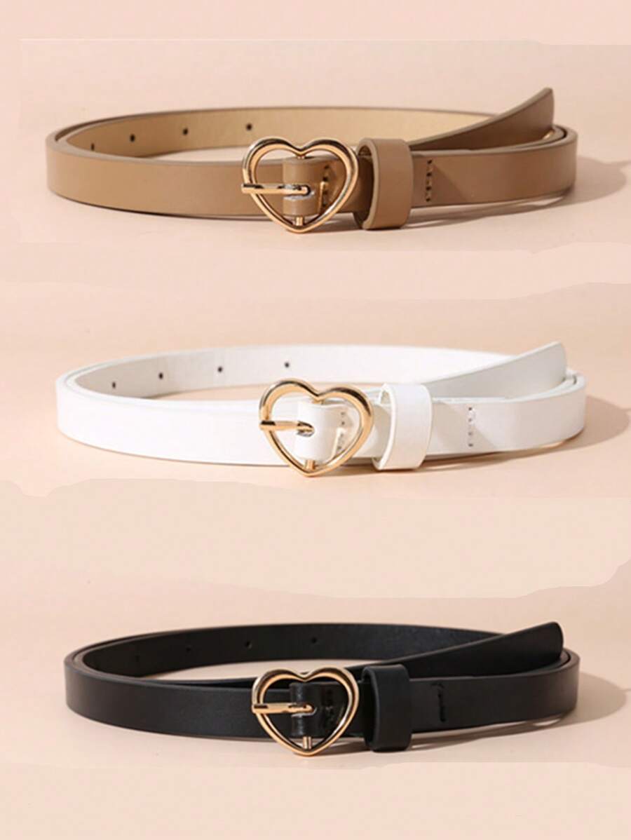 3pcs/Set Women's Multi-Color Heart Shaped Buckle Pu Dress Belt, Fashionable Waist Accessory For Daily Use Summer, School Fall, Autumn, Halloween - Multicolor - View 1
