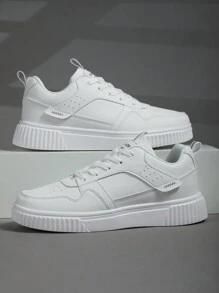 男款前綁帶極簡主義風格運動鞋,復古街頭風格時尚白色休閒鞋適合學生、日常穿著、戶外活動、通勤,輕便舒適 - 白色 - 查看 3