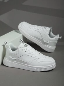 男款前綁帶極簡主義風格運動鞋,復古街頭風格時尚白色休閒鞋適合學生、日常穿著、戶外活動、通勤,輕便舒適 - 白色 - 查看 2