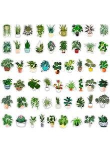 50入組防水綠色植物手繪貼紙,適用於日記、行李箱、水瓶、筆記本、花盆、花瓶裝飾